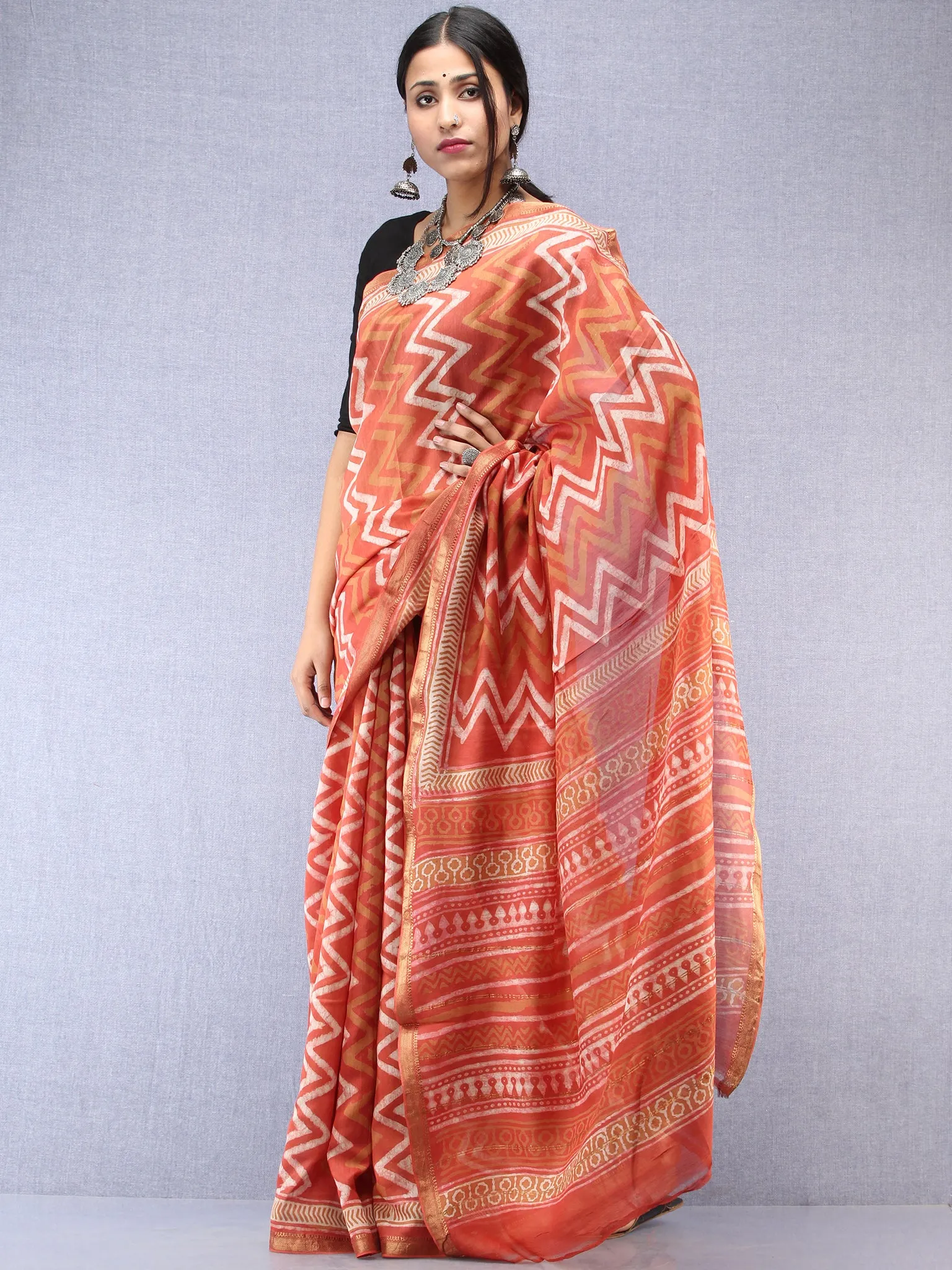 Pastel Pink Ivory Hand Block Printed Maheshwari Silk Saree With Zari Border - S031704530