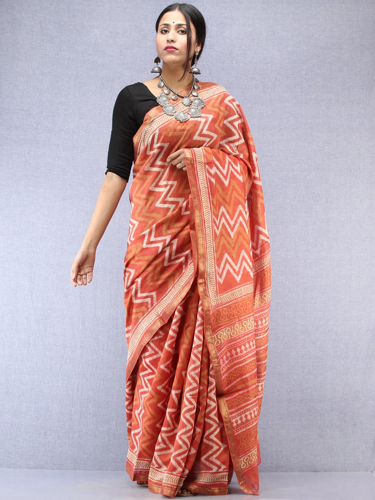 Pastel Pink Ivory Hand Block Printed Maheshwari Silk Saree With Zari Border - S031704530