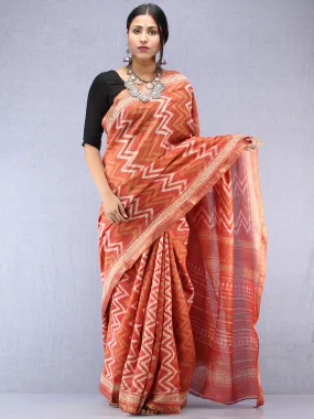 Pastel Pink Ivory Hand Block Printed Maheshwari Silk Saree With Zari Border - S031704530