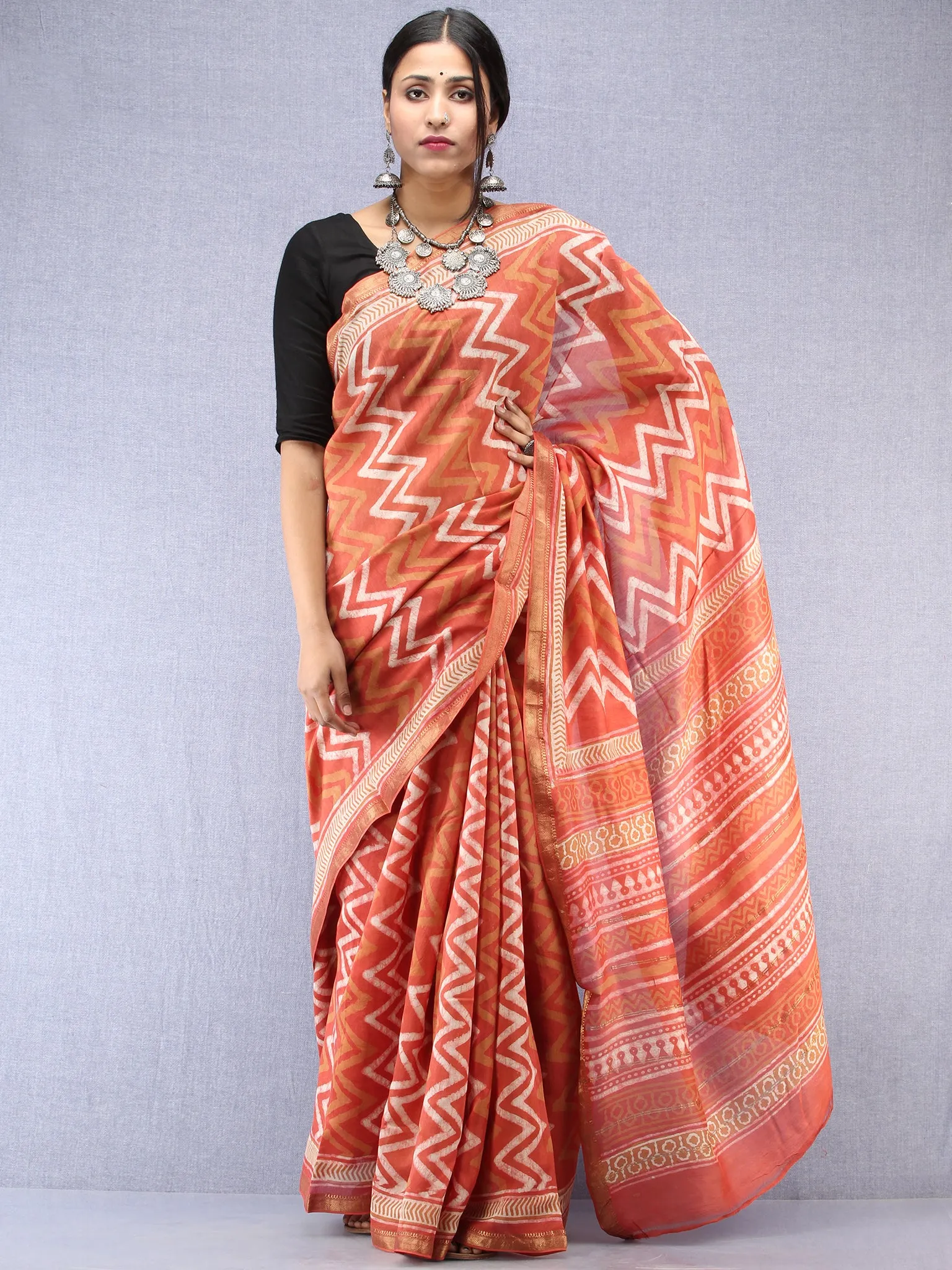 Pastel Pink Ivory Hand Block Printed Maheshwari Silk Saree With Zari Border - S031704530