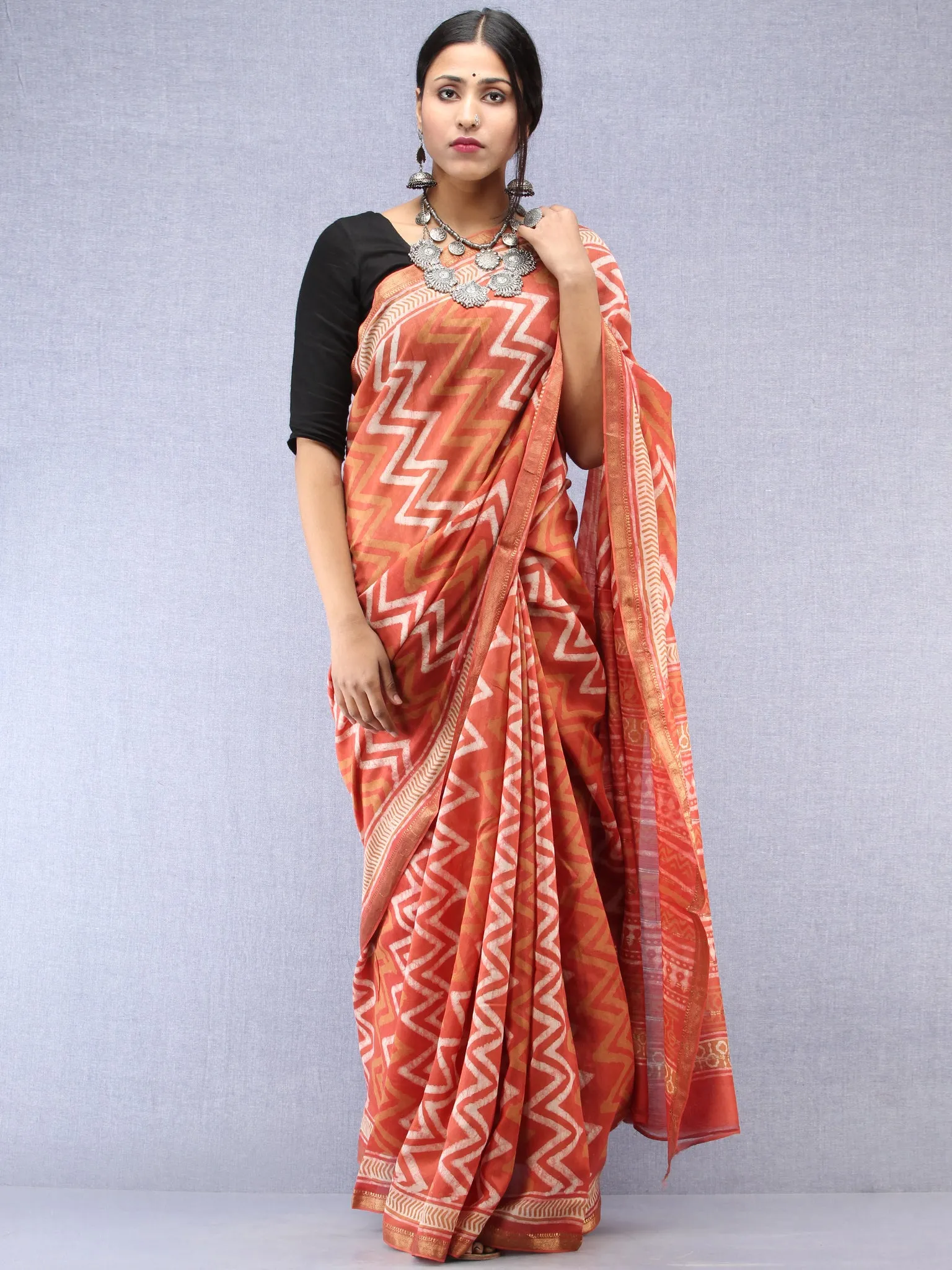 Pastel Pink Ivory Hand Block Printed Maheshwari Silk Saree With Zari Border - S031704530