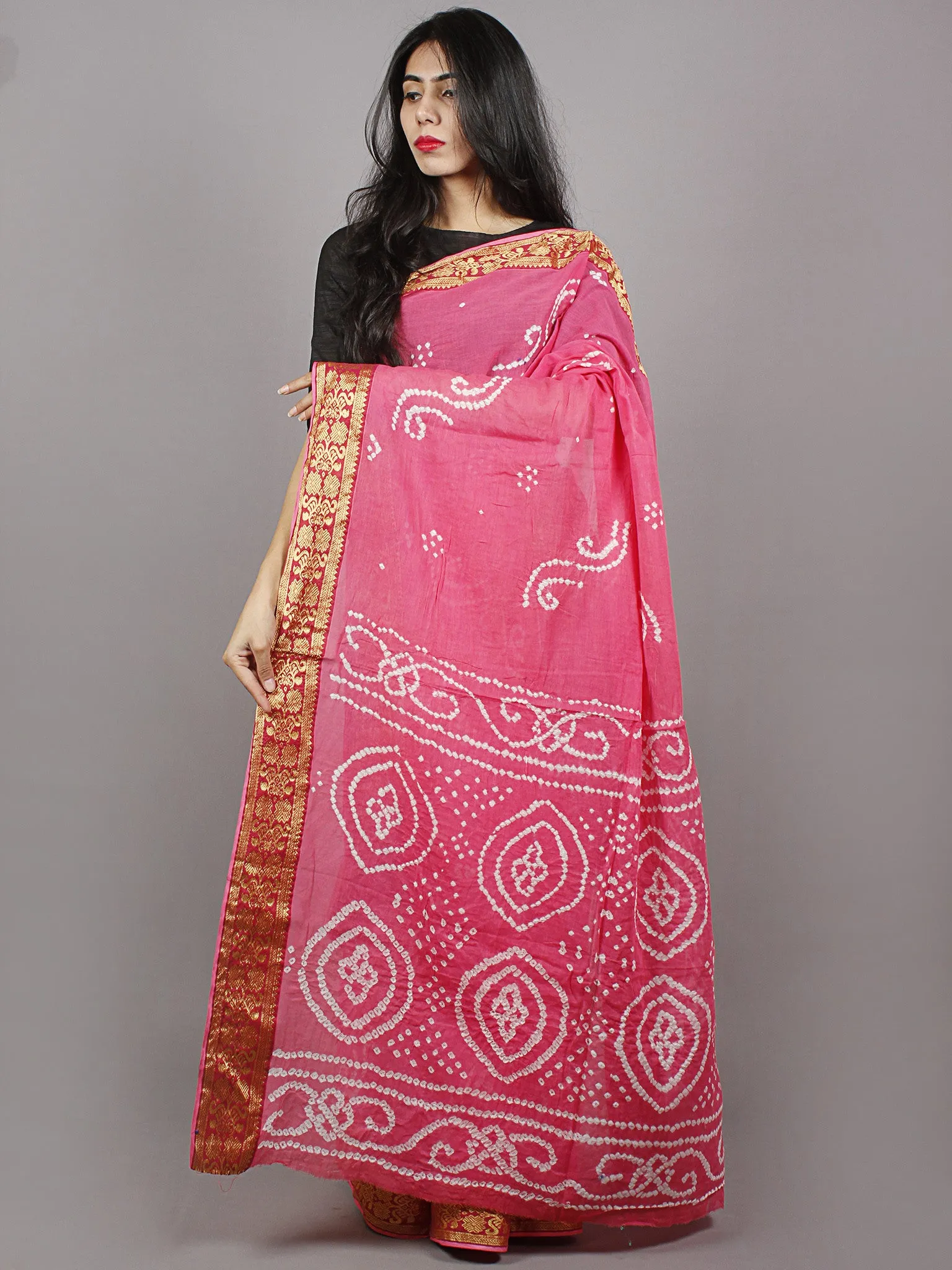 Pastel Pink White Hand Tie & Dye Bandhej Cotton Mul Saree With Resham Border - S031701330