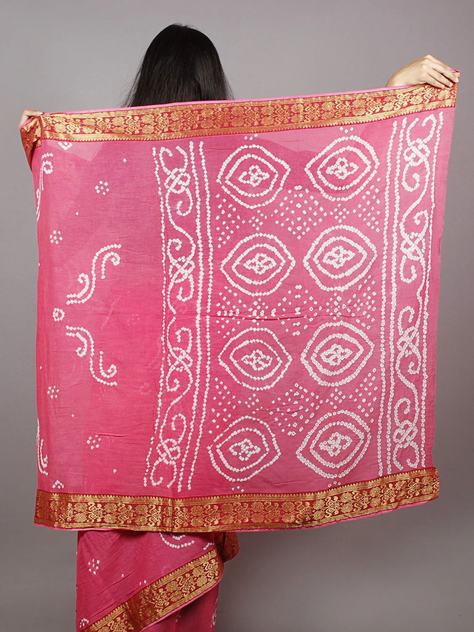 Pastel Pink White Hand Tie & Dye Bandhej Cotton Mul Saree With Resham Border - S031701330