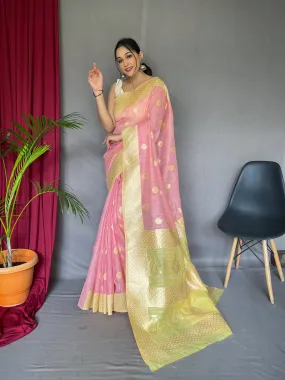 Pastel Pink with Yellow Saree in Cotton Slub Contrast Pattern