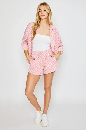 Pink Checkered Print Woven Shorts