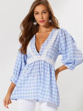 SBetro Gingham Lace Insert Plunge Neck Top