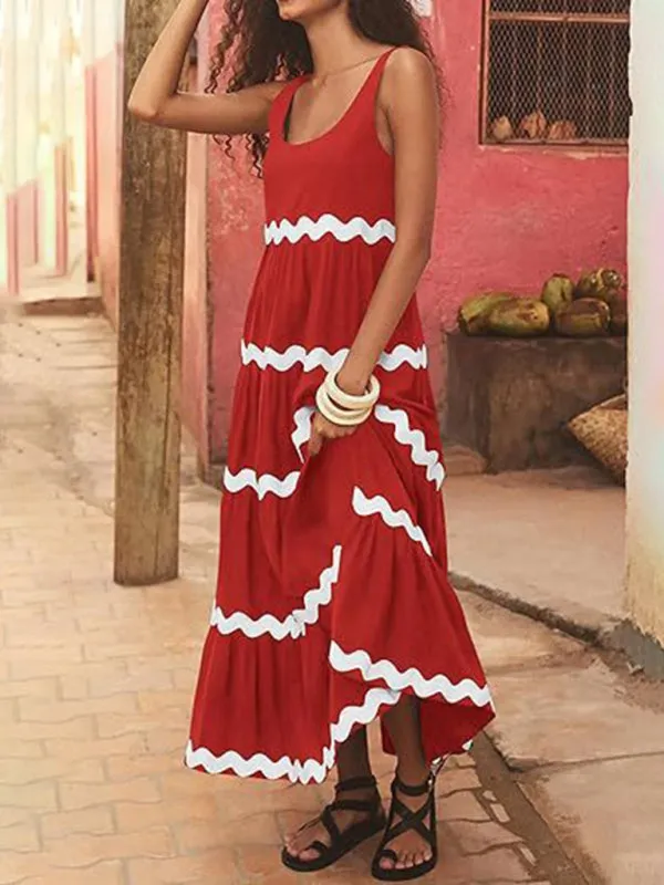 Vacation Ric-Rac Trimmed Flowy Sleeveless Maxi Dress