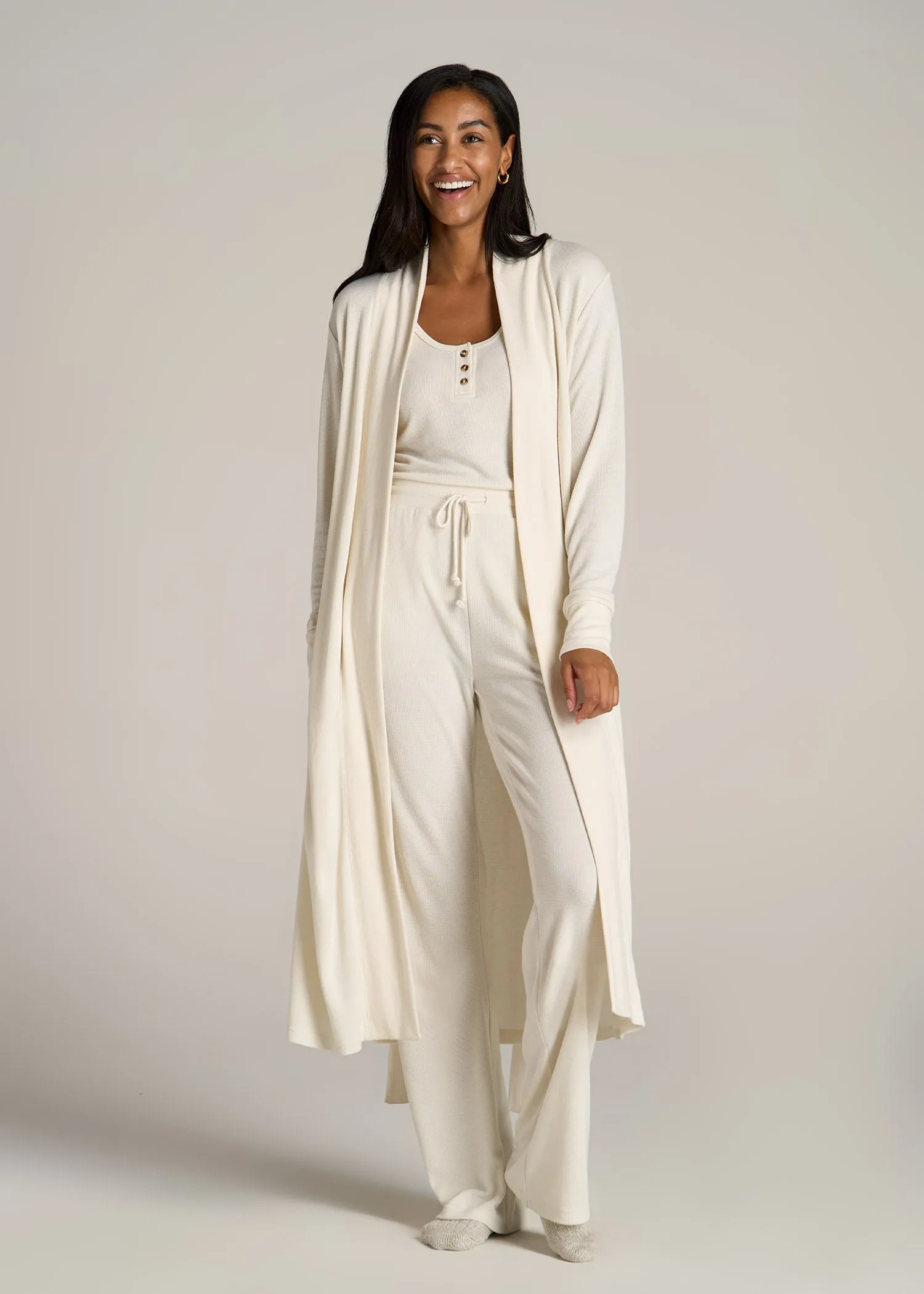 Waffle Lounge Robe for Tall Women in White Alyssum