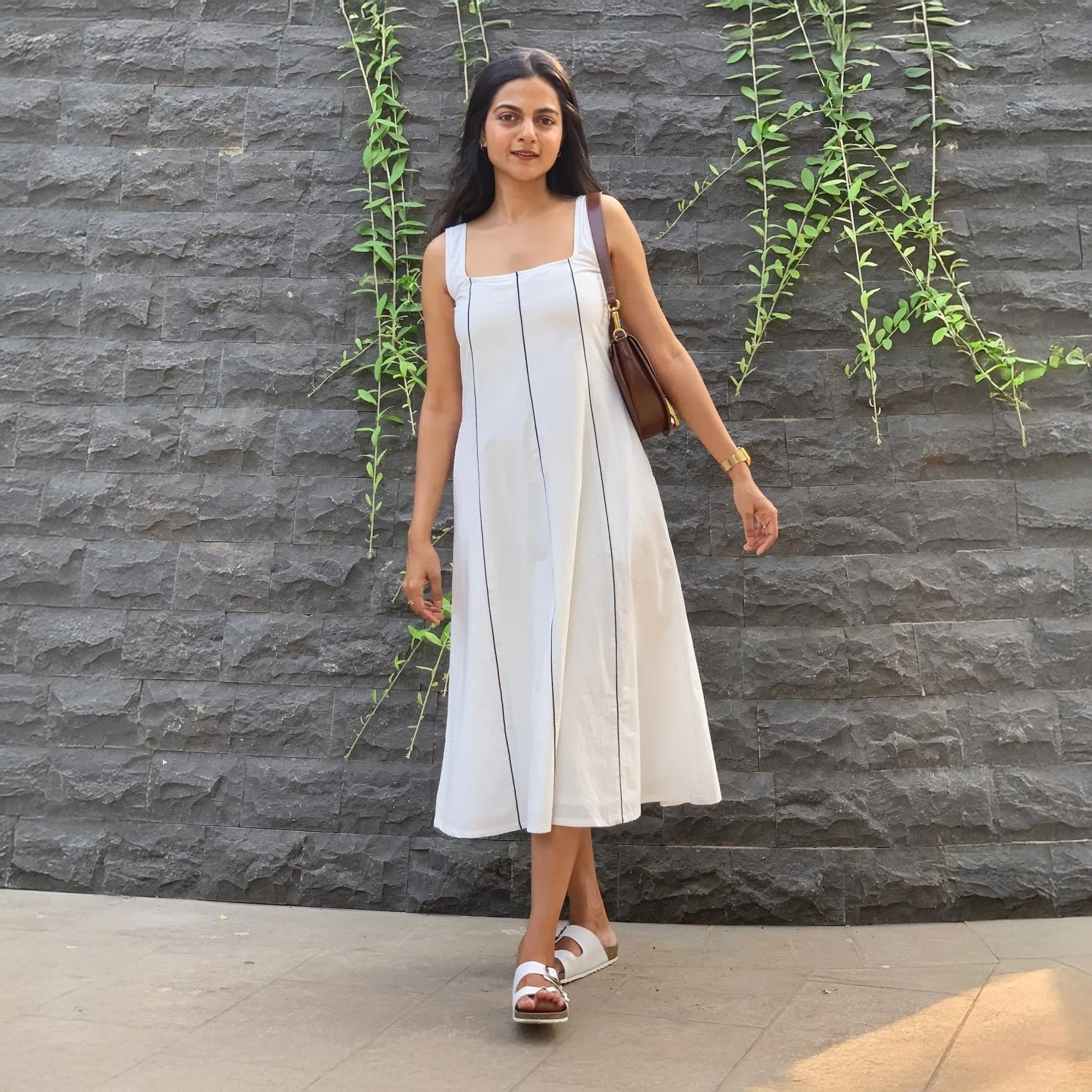 White Cotton Poplin Paneled Midi Dress