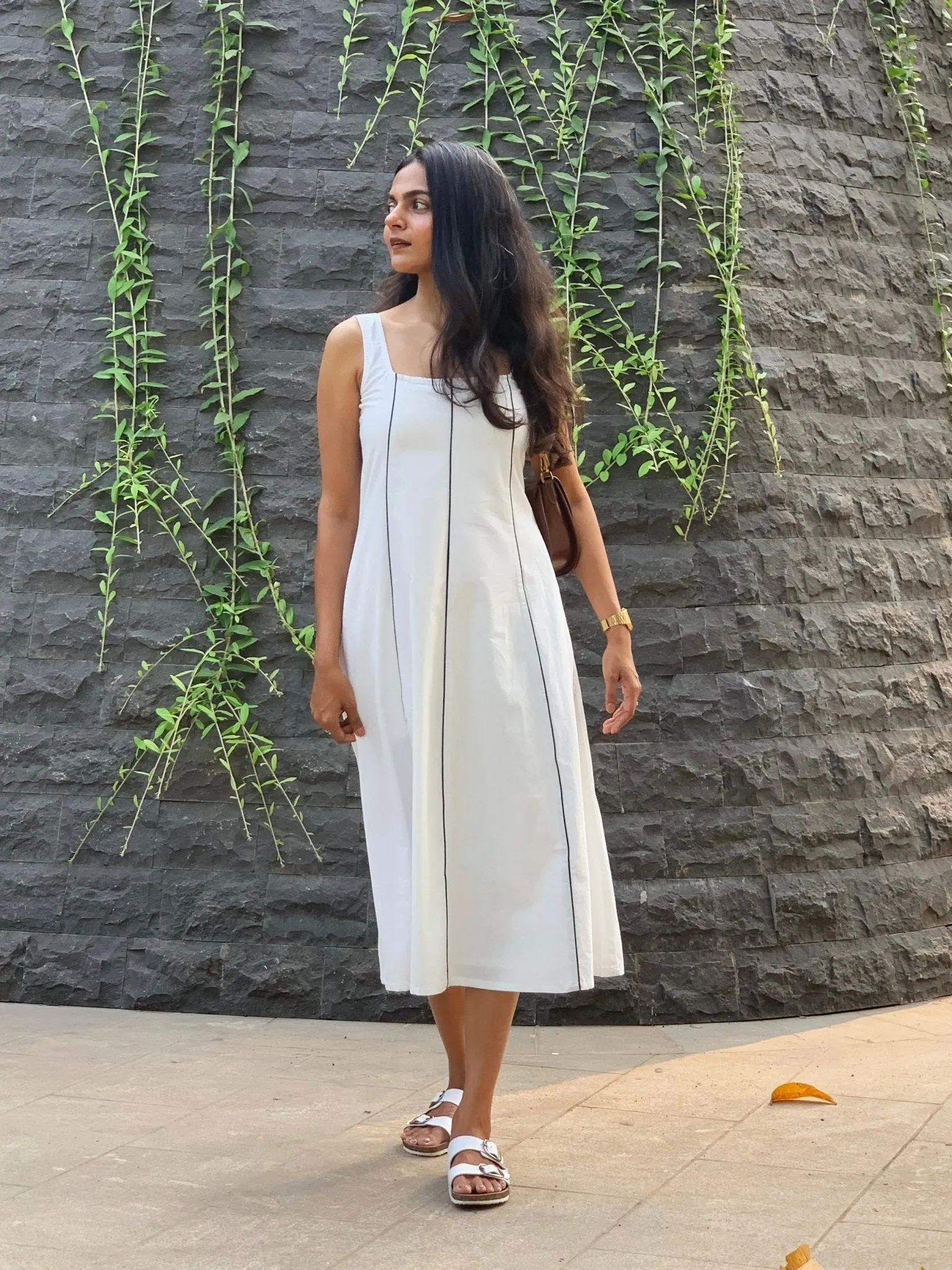 White Cotton Poplin Paneled Midi Dress