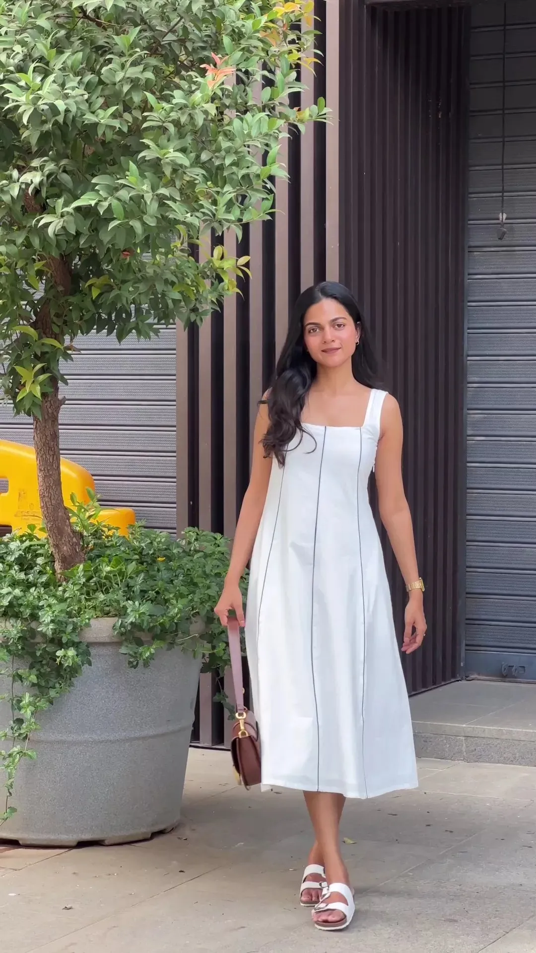 White Cotton Poplin Paneled Midi Dress