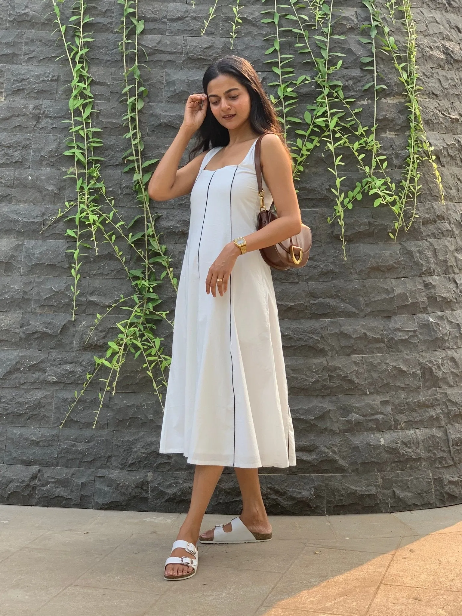 White Cotton Poplin Paneled Midi Dress