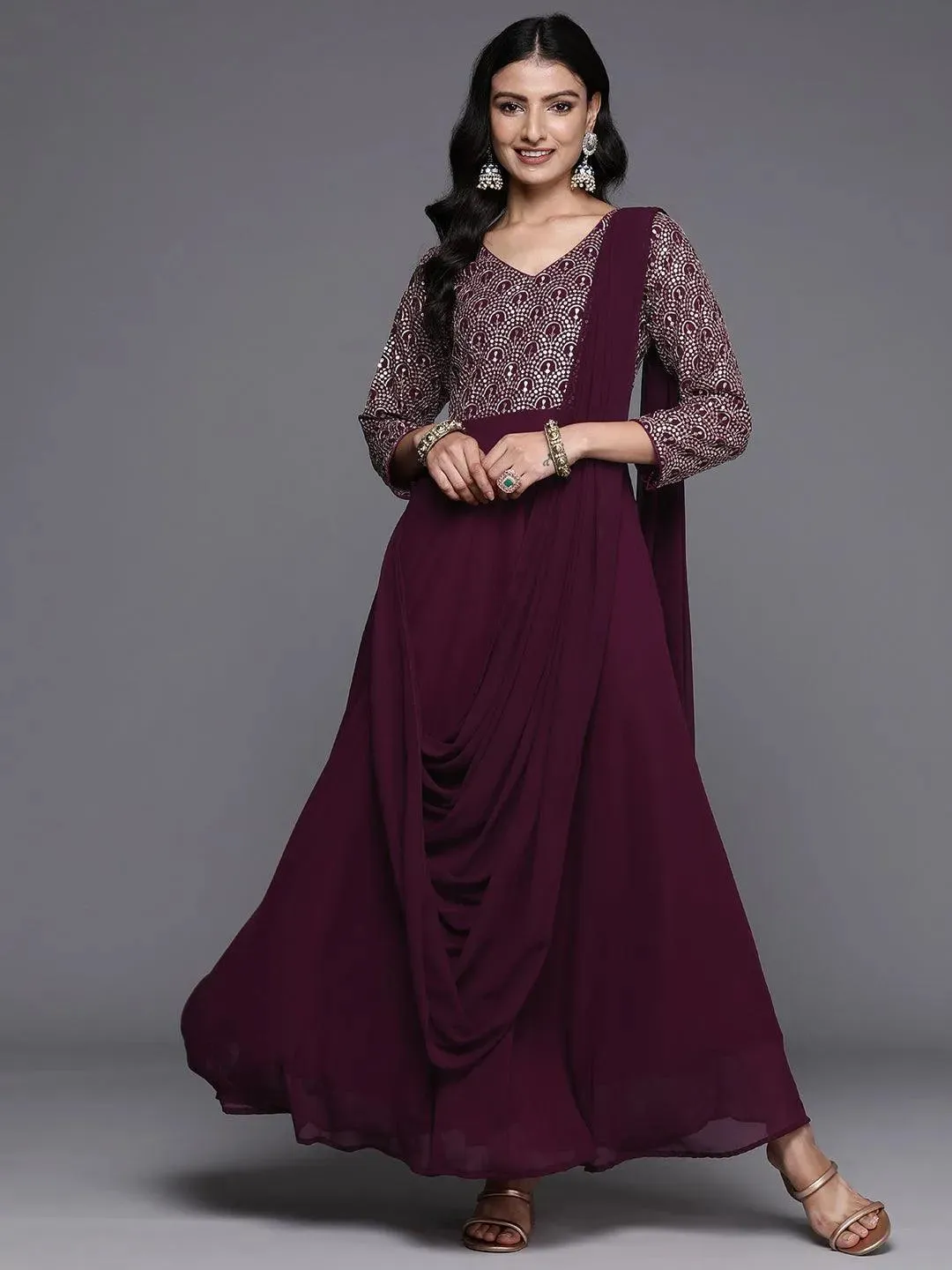 Wine Embroidered Georgette Gown Dress