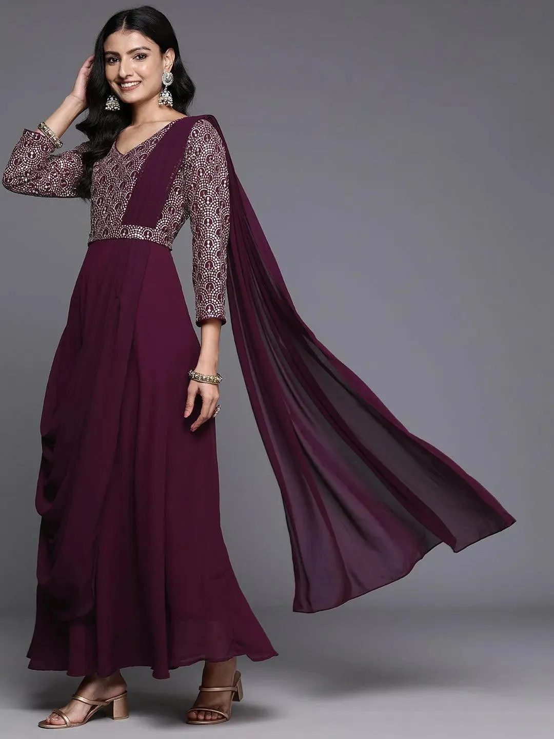 Wine Embroidered Georgette Gown Dress